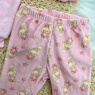 Conj. Casaco de Pelinho Coelhinha com Estrela e Calça em Plush - Rosa